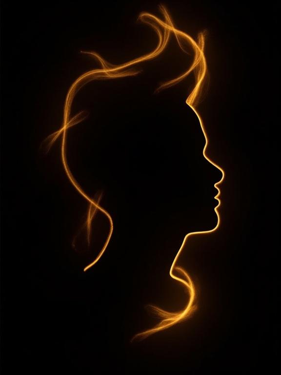 Photograph shows a profile silhouette of a person's head against a dark background. Golden light creates a glowing outline on the face. Nose lips chin are visible with light highlighting contours. Long golden strands extend from the top flowing down around the face. Strands are concentrated at the top spreading out towards the bottom. Light provides a glowing texture on the silhouette contrasting with the black background. Golden strands add movement and flow. Facial features are defined by the light accentuating the shape of nose lips chin.
