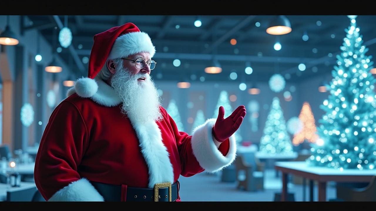 Cinematic image of Santa Claus in a futuristic room with holographic designs. Wide shot displays Santa surrounded by glowing BIM models and AI visualizations. Messages of holiday greetings appear in text overlay. Hiperrealistic style.