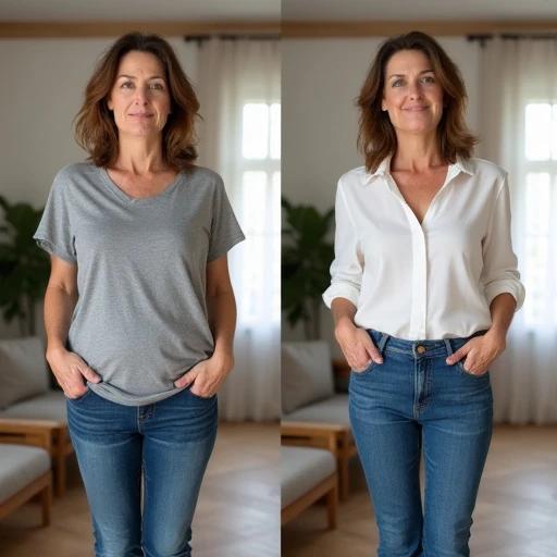 Generate an image of a split transformation photo of a 45-year-old Austrian woman. Left side shows her overweight in grey T-shirt and tight jeans. Right side shows her slimmer in a white blouse and stylish jeans. Same cozy modern Austrian living room background. Natural lighting.