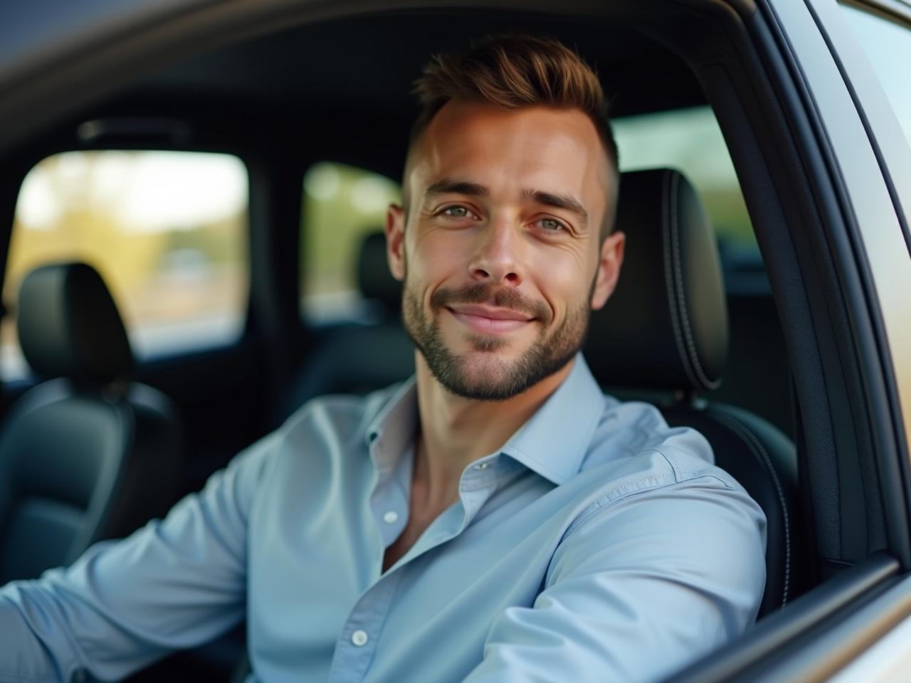 In the image, the individual is sitting in a car. To enhance their appearance, they should be given a more professional and groomed look. This can include a well-styled haircut, a clean-shaven face, and neatly pressed clothing. The lighting should be adjusted for a brighter, more flattering effect. Additionally, consider refining the background to create a more polished atmosphere. The overall vibe should exude confidence and professionalism.