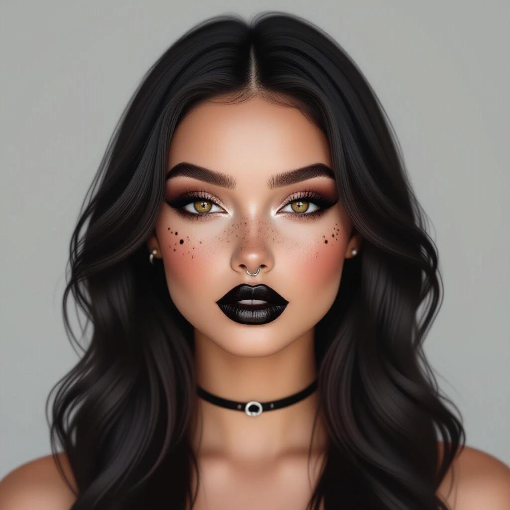 Realistic portrait of a gothic woman with a soft face. She has full lips with black lipstick. Her eyes are black with long lashes and smoky eyeshadow. Brown henna freckles decorate her nose and cheeks. A silver septum ring is visible. Long dark hair flows freely. The background is neutral. Soft lighting shows detailed features.