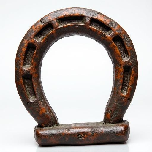 Horseshoe image featuring rustic metal design with circular shape and thick metal body.