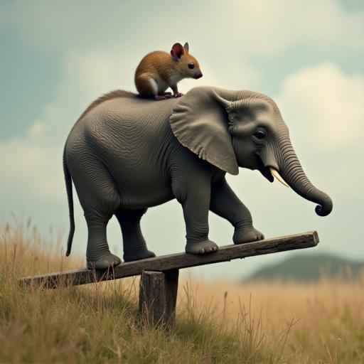 A mouse on top of an elephant standing on a seesaw in a grassy field. The scene is peaceful with a soft background creating a whimsical atmosphere.