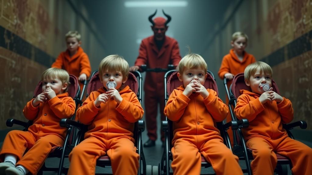 Scene set in a hell environment. Group of children wearing orange jail jumpsuits sitting in strollers. Children have pacifiers in mouths and display pride. Mothers roll strollers towards a devil figure in a costume. Bright colors contrast with dark motifs. Emphasis on emotions and scenario peculiarity. High detail captured in the scene.