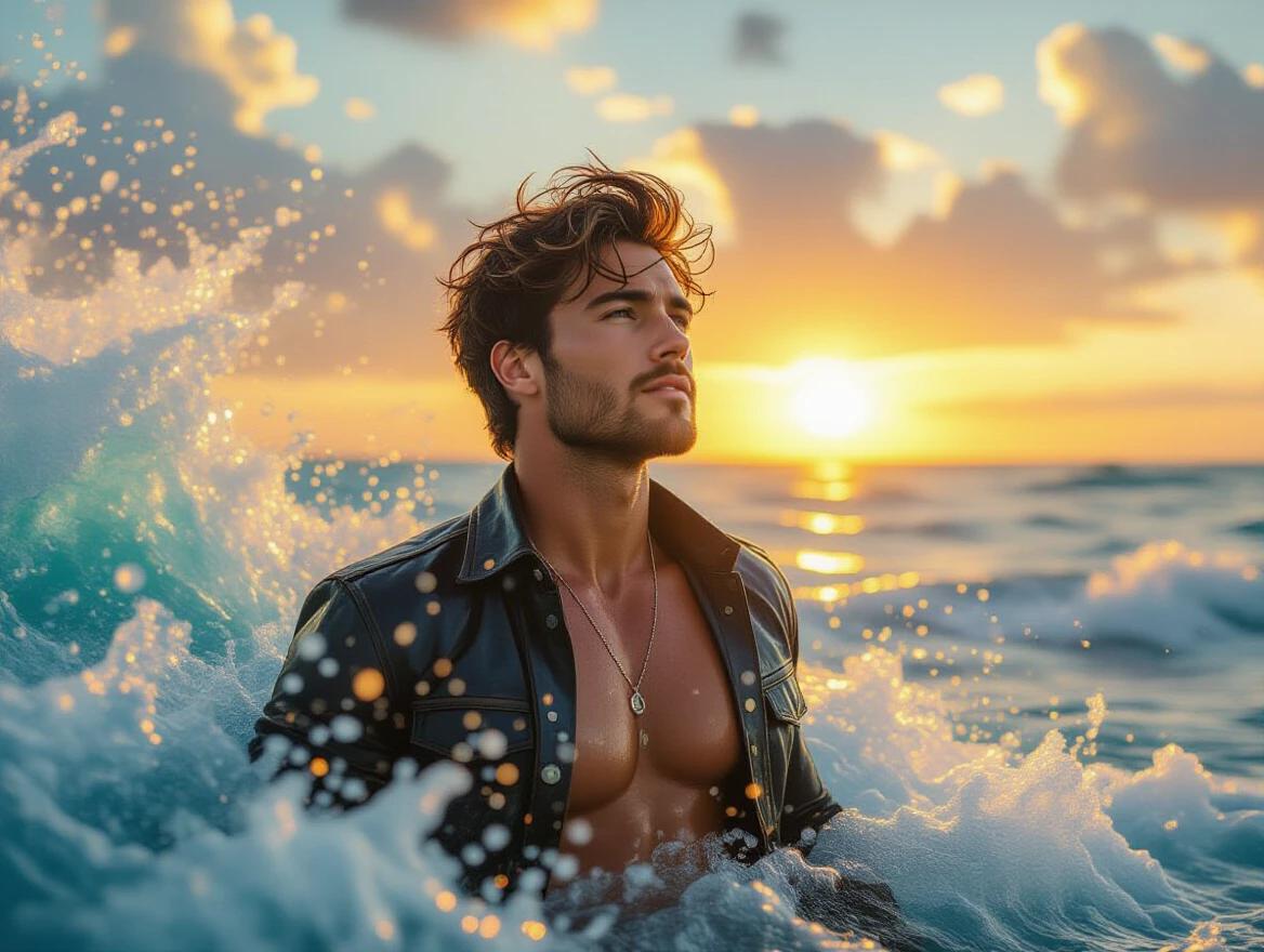 A male figure stands at the water's edge, sunlight radiates around him. Energetic waves crash around him, creating a dynamic and chaotic feel. A dramatic style captures the essence of the moment.