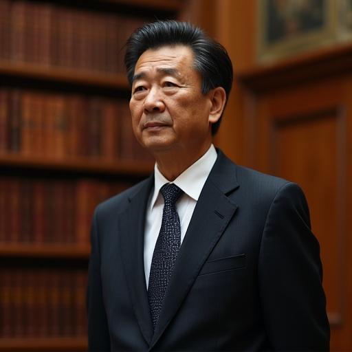 Chinese lawyer in a suit standing confidently in a library setting