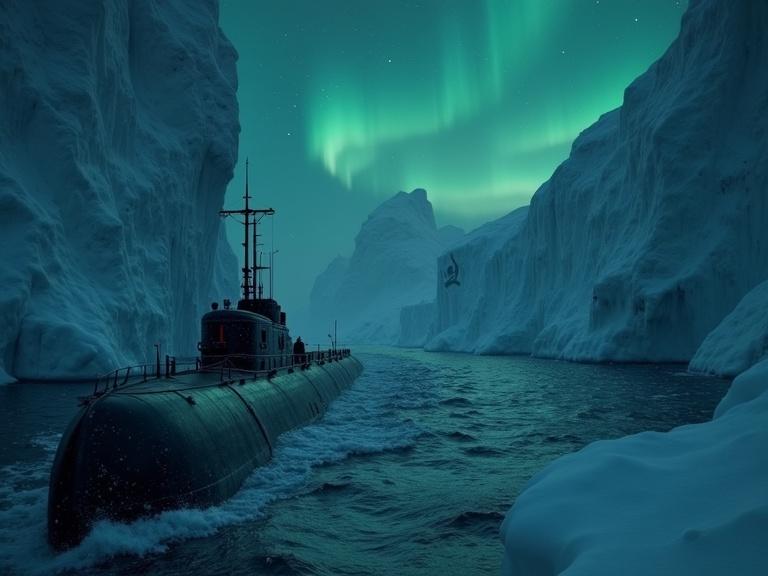 Dark mysterious scene set in Antarctica during World War II with a German U-boat near icy cliffs and a hidden bunker with Nazi insignia. Snow falls lightly as northern lights swirl above, creating a tense cold atmosphere.