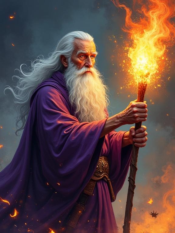 Elder wizard with long flowing white beard has a powerful expression. He wields a fiery staff. Wearing a deep purple robe and a simple brown belt, detailed wrinkles and aged skin are visible. The dynamic pose shows robes flowing around him. Emanating fiery magical energy, the wizard displays intense focus. Dramatic lighting highlights his presence against a dark background. The artwork features clean line work and smooth gradients.
