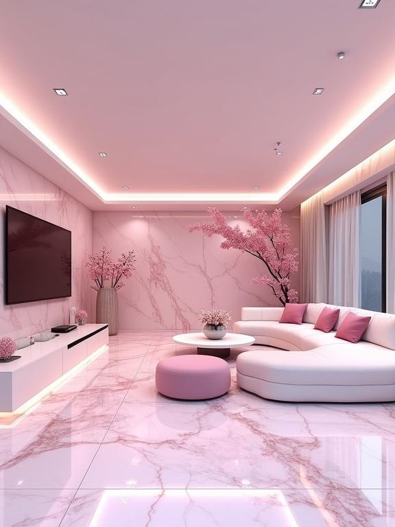Stylish modern living room features a pink marble theme. There is a curved white sectional sofa with pink cushions. A round white coffee table is in the center. Pink flowers adorn the decor. Large windows with sheer pink curtains allow light in. Recessed lighting enhances the aesthetic.
