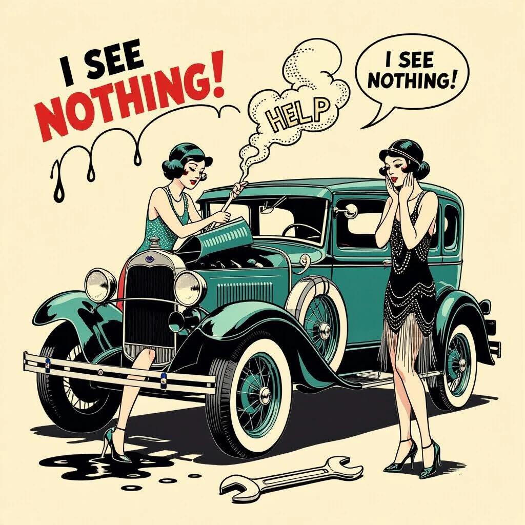 1928 roadside illustration featuring vintage Ford Model A. Woman repairs car; only legs and shoes visible. Second woman in beaded dress stands by. Comic despair shown in her expression. Steam forms HELP!. Exaggerated oil drip and oversized wrench. Art style mimics 1920s newspaper comics. Text bubble contains I see NOTHING. Warm sepia colors with teal accents.