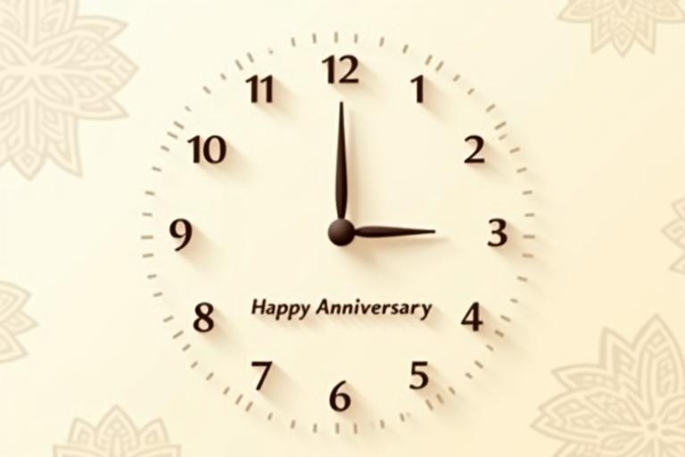 Minimalist clock face in flat vector style with customizable text. Clock has a cream background with faint Rajasthani textile patterns. Text reads Happy Anniversary engraved in Devanagari script. Style features soft shadows for a modern look.