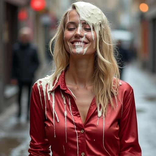 Photo of woman covered in cake. Cream runs down her face and clothes. She wears shiny bordeaux satin shirt and red pvc pencil skirt. Clothes are messy and dripping. She smiles joyfully in the street.