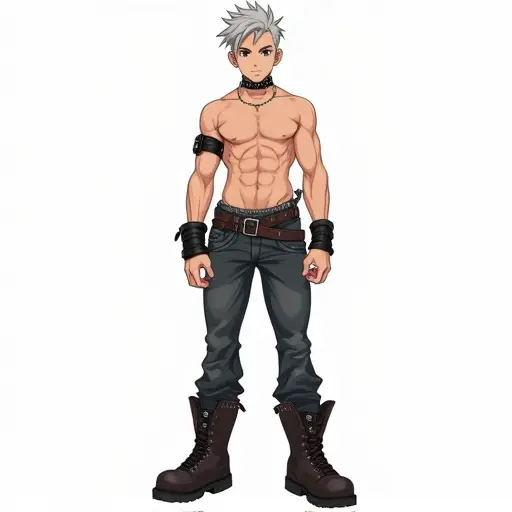Full body portrait of an anime young adult male in punk style. Subject has light tan skin and visible muscle definition. Hair is short and spiky with gray tips. Serious expression with downturned lips. Wears a studded choker and leather armbands. Dark-wash denim jeans visible. Large well worn combat boots. Confident body language with noticeable nipple piercings.