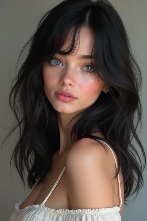 Photorealistic image showcases a beautiful petite woman. She has mid-back-length black hair. Her skin is pale. The woman appears to be posing elegantly. Her body is curvy. She is dressed in a light top.