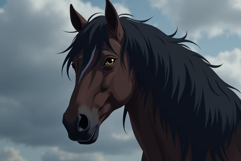 A horse with dense black fur. No brown or lighter areas. Stylized anime background.