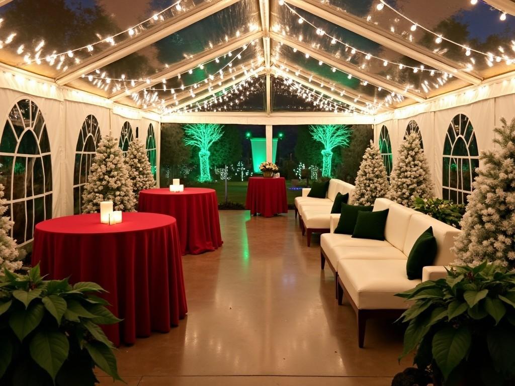 The image features a beautifully decorated tent for a festive event. It includes red tables adorned with white tablecloths and candles. The backdrop showcases tall Christmas trees and warm fairy lights. Green lighting enhances the atmosphere, contributing to a winter wonderland feel. Comfortable seating arrangements provide a cozy environment for guests.