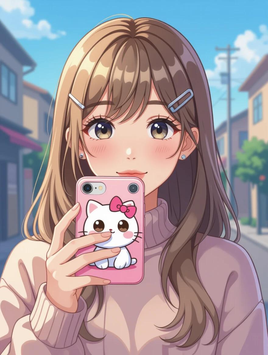 Stylish young woman posing for a selfie with a pink phone. She has straight ash blonde hair and wears a trendy outfit. Modern kitchen setting with natural light. Manicured nails add to the aesthetic.