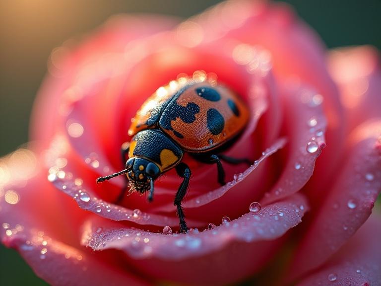 Macro photography showing a ladybug on a dewy rose petal. Sunlight creates an illuminated scene. The image captures intricate details and textures. It features vibrant colors and dynamic lighting with a shallow depth of field.