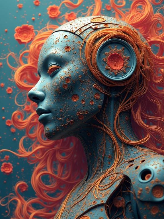 A humanoid robot with an intricate surface design made of orange and teal colors. The figure features long flowing hair and headphones, with detailed textures resembling organic and mechanical patterns.