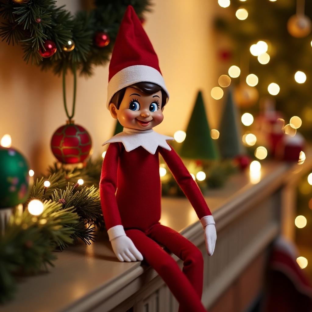 The image features a cheerful elf on the shelf named Dominik, sitting on a mantel. Dressed in a classic red outfit with a white collar and hat, the elf has a friendly smile that captures the magic of the holiday season. Surrounding Dominik are festive decorations, including a wreath and Christmas lights that create a warm ambiance. The background is softly illuminated with glowing lights, enhancing the cozy holiday feel. This scene embodies the spirit of Christmas and family traditions, inviting joy and nostalgia.