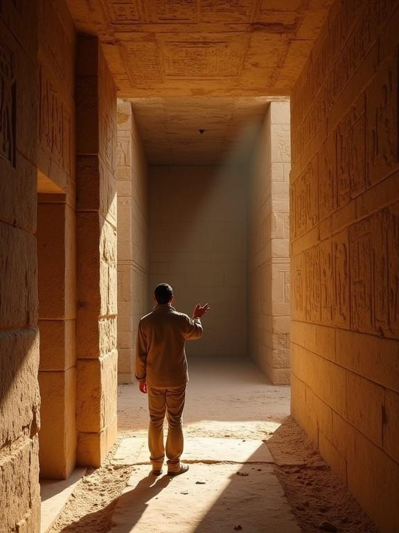 Archaeologist exploring newly discovered tomb. Tomb illuminated by sunlight entering from above. Hieroglyphs on the walls. Soft natural light creates a sense of wonder.