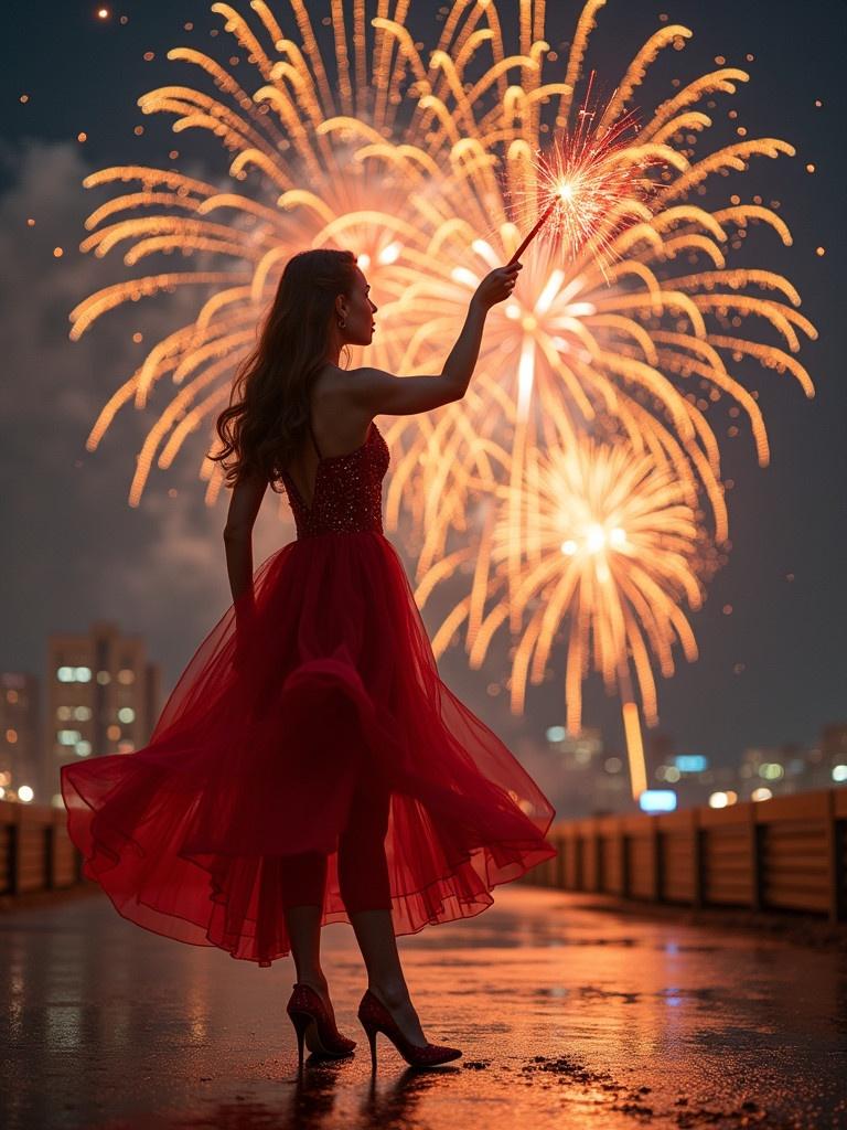 A beautiful girl wearing a magical red dress. She holds a wand and stands atop a waterfront. Fireworks explode in the night sky. The scene captures the essence of New Year's celebrations. It evokes joy and excitement. Fashionable yet enchanting atmosphere surrounds her.