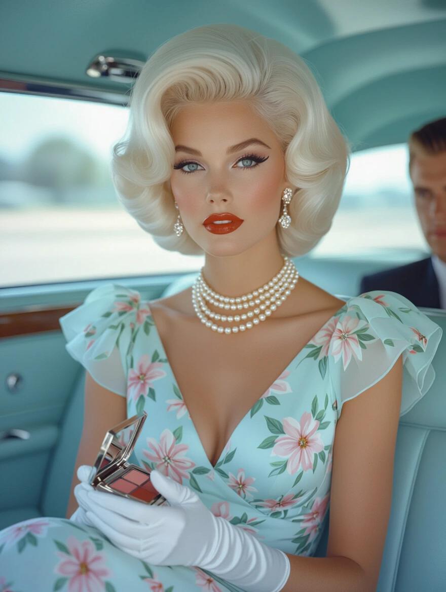 Wide angle portrait of a woman from the 1960s. Voluminous platinum blonde hair. Delicate pearl necklace and diamond earrings. Wearing pale blue floral chiffon sun dress. Holding make-up compact and lipstick. Sitting in the back of a limo next to a man. Flawless makeup with winged eyeliner and ruby red lips. Accessories include white gloves and high heels. Rendered in the style of Slim Aarons.