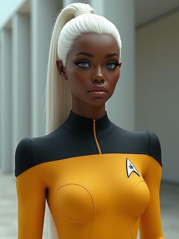 Hyperrealistic female figure in a mustard and black bodysuit. Inspired by fertility sculptures with exaggerated curves. African woman with very black skin. Long white hair in a ponytail. Bright blue eyes. Outdoor scene with RGB LED lighting. Ultra futuristic ambiance. Full body shot from a low angle.