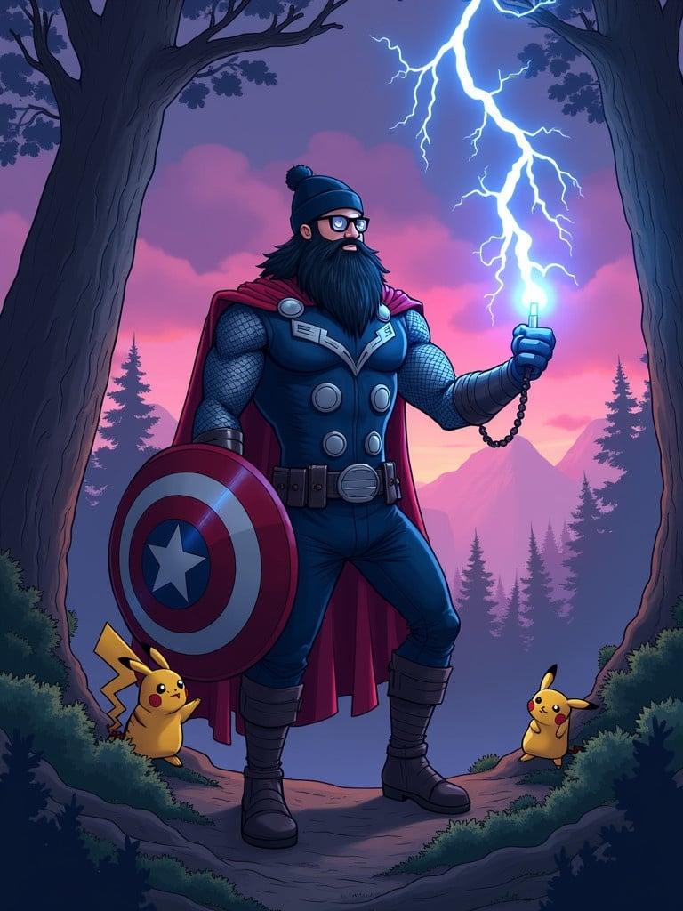 Thor in twilight forest has big black beard wearing black beanie and glasses. He holds Captain America's shield in left hand and Stormbreaker in right hand. Pikachu is beside him. Lightning is being summoned against purple pink blue sky. 90s cartoon style image.