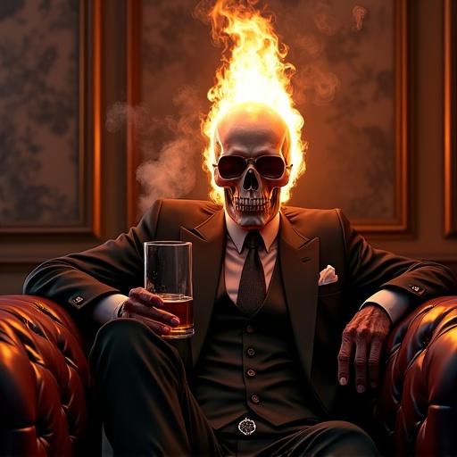 Ghost Rider with flaming skull sits on a fancy leather couch. Character wears an expensive tailored suit. Figure smokes a cigarette and holds a beer. Set in a classy establishment.