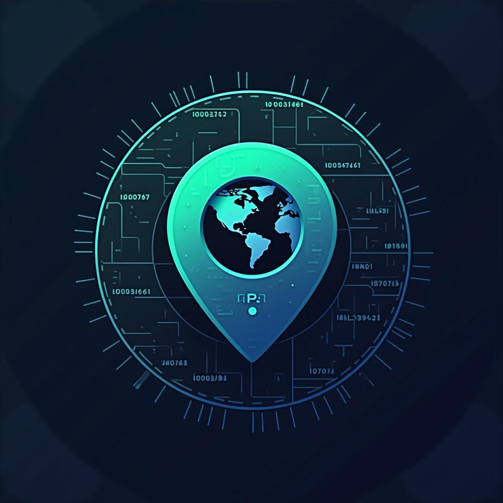 Create a circular avatar shape focused on global connectivity. Design an abstract globe or network-inspired icon. Include a stylized map pin for location tracking. Use a gradient background with tech colors like blue, black, and neon green. Add digital grid elements to strengthen the tracking theme. Include small, bold text like 'IP' or 'BOT' in modern font. Integrate subtle binary code fading in the background for a tech-savvy look.