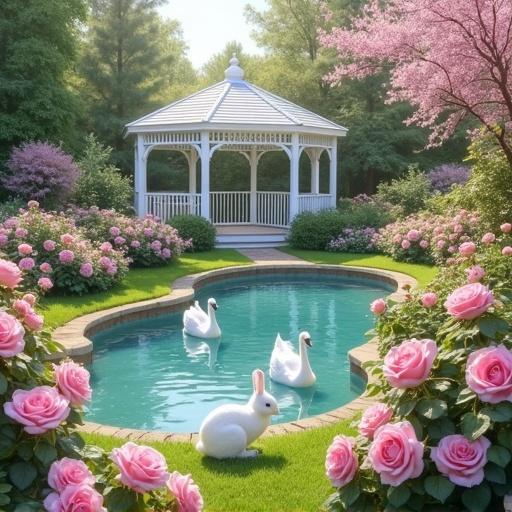 A beautiful pastel floral rose garden surrounds a white gazebo. Sunlight shines over a blue pond with white swans. White bunnies are on the ground among the roses.