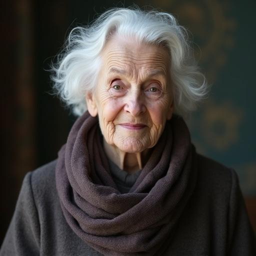 An elderly woman with white hair and a warm smile wearing a brown scarf, softly lit.