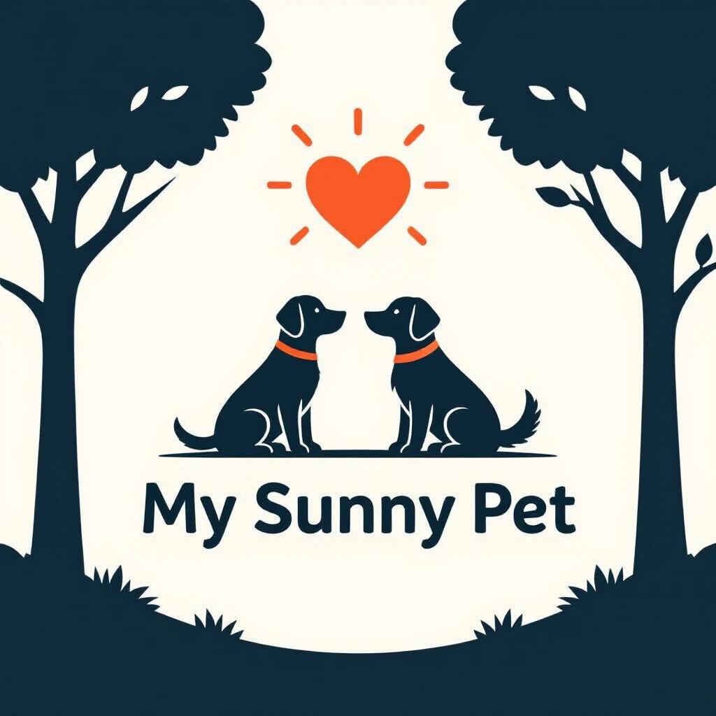 Logo design for My Sunny Pet featuring silhouettes of two dogs. Included is a heart above them. The style is clean and minimalist. Trees frame the design.