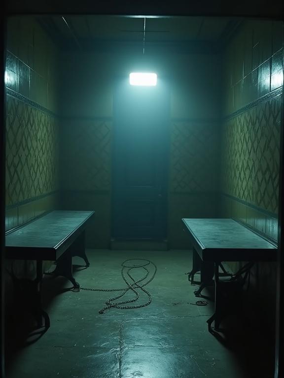 Dimly lit traditional Kuwaiti interrogation room features geometric-patterned walls and cold metallic tables. Chain noises hint at a tense atmosphere. Bright spotlight from above casts eerie shadows. A door at the end suggests mystery.