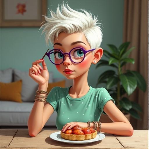 An artistic portrayal of a whimsical woman having breakfast. She is seated at a kitchen table. The woman has short, spiky, white pixie hair. She wears purple glasses and a pale green t-shirt with tiny white dots. The background features a cozy living room setting. Light shines softly, creating a warm atmosphere.