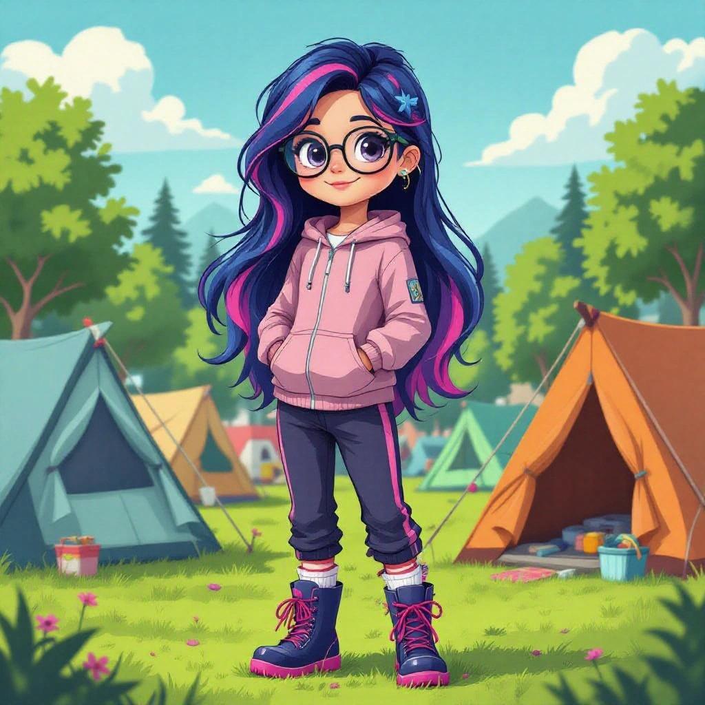 Human girl with glasses. Navy-blue hair featuring pink and purple stripe. Standing outside a tent at a summer music festival. Wearing a pink tracksuit top, purple pants, navy-blue wellies. Cheerful and colorful background.