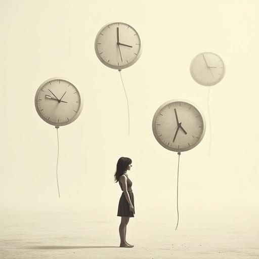 Minimalist depiction of a tiny woman surrounded by floating vintage giant clocks. Illustrates a surreal concept with oversized objects and vast negative space. Features a clean background and elegant composition with a contemporary wall art aesthetic and subtle grain texture.