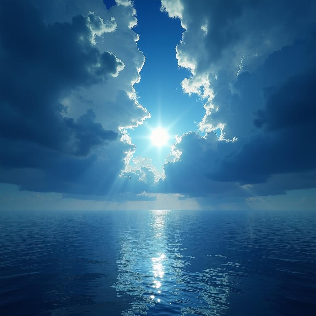 A serene view of the ocean reflecting the sky. Dark clouds surround a bright sun shining through. The scene creates an illusion of depth and beauty in nature.