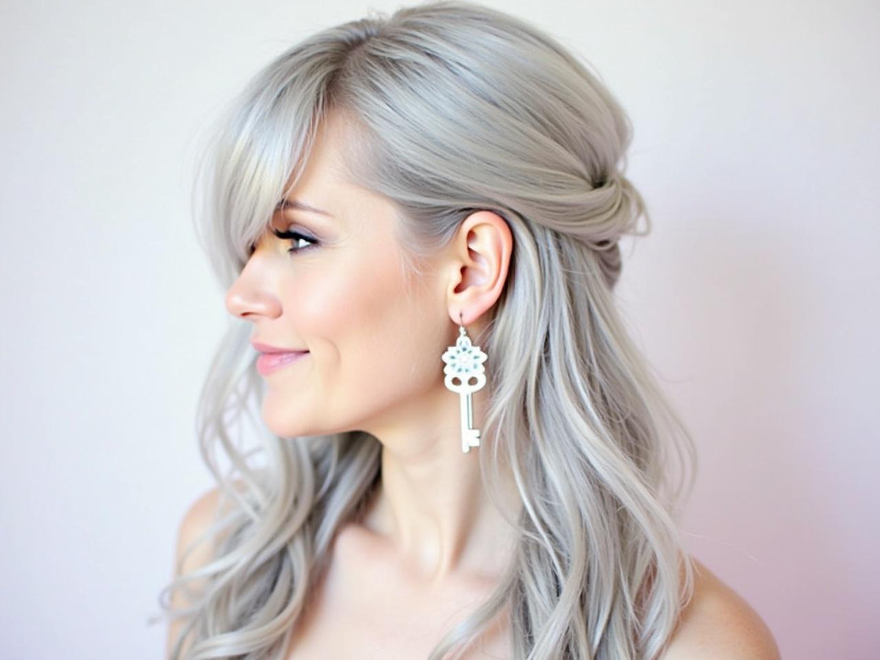 The image features a person with long, silver hair styled elegantly. They are wearing a delicate earring that has a unique design, possibly shaped like a key or a flower. The background is soft and pastel-colored, contributing to a gentle aesthetic. The person's facial features are not fully visible due to the obscured area, but they seem to have a serene expression. Overall, the image has a dreamy and ethereal quality, suggesting a fantasy or artistic theme.