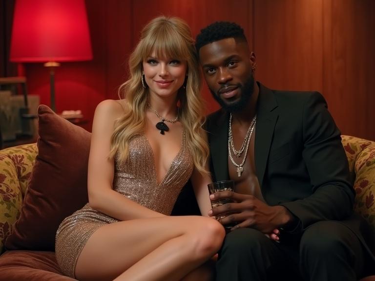 A beautiful young woman and a fit man sit together on a couch in a luxurious setting. Both appear stylish and confident. The woman is wearing a glamorous dress and holding a glass of whiskey while smiling at the viewer. The man has a strong presence and holds her closely.
