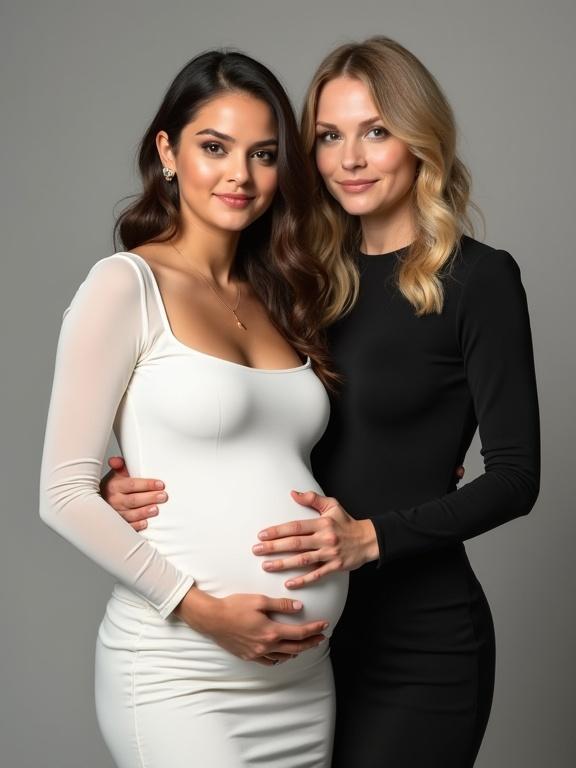 Medium shot photograph features a pregnant woman in a white dress holding her belly. Another woman stands behind her wearing a black dress, gently resting hands on the belly. Both women smile at the camera. Professional portrait with soft lighting and shallow depth of field against a neutral background.