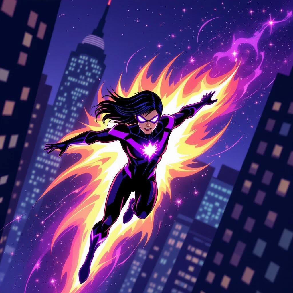 Superhero flying between tall skyscrapers at night. Sleek black suit with glowing purple accents. Bright crystal in chest emits flaming aura. Aura has deep space texture with purple tones and stars. Medium-length straight black hair with a few strands over forehead. Vibrant cartoon style with dynamic lighting and clean linework. Hero looks determined while soaring through the night sky with city lights below.