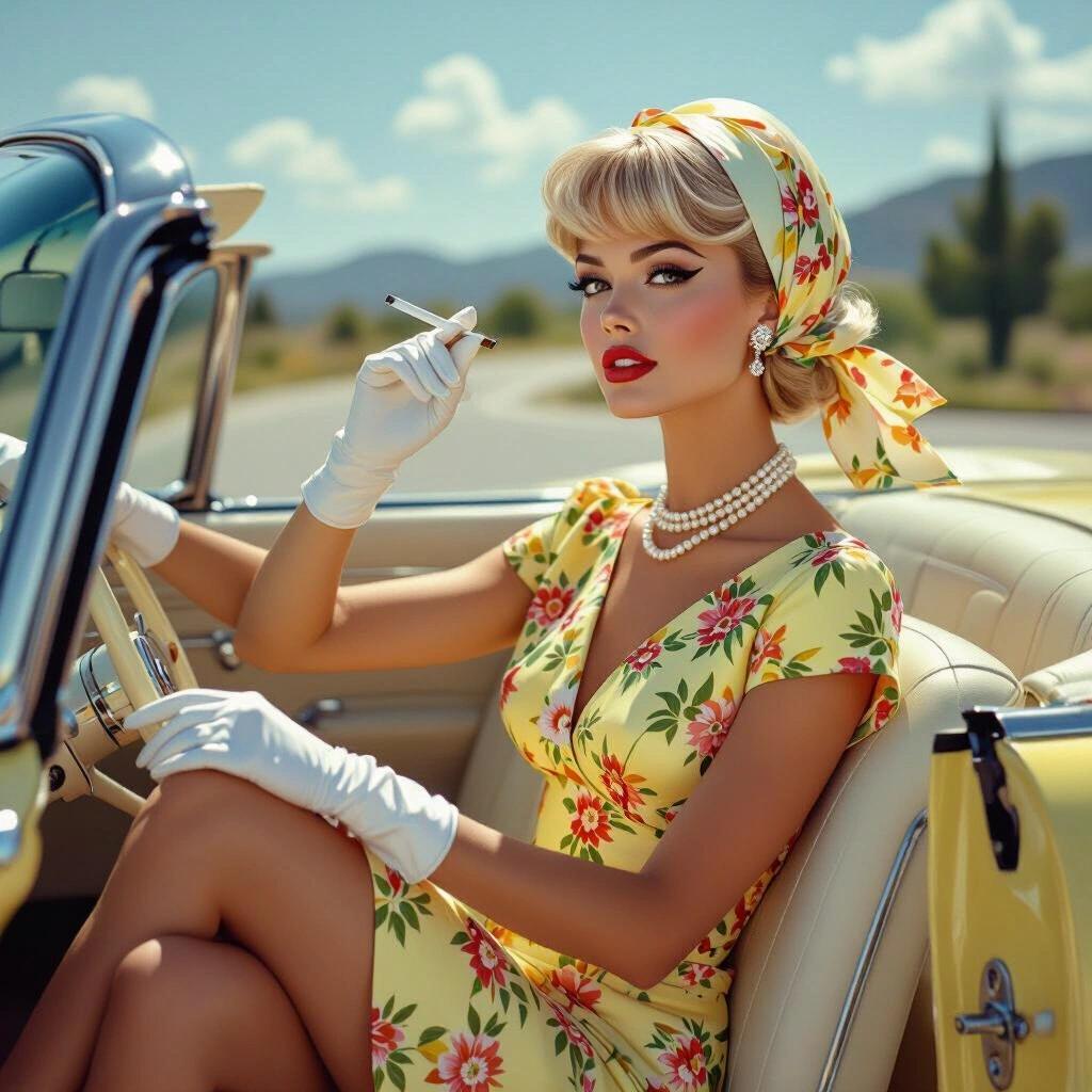 A portrait of a 1960s woman with platinum blonde hair. She sits in a car wearing a yellow floral dress and white gloves. A scarf is on her hair. She holds a cigarette. Jewelry includes a pearl necklace and diamond earrings. Makeup features winged eyeliner and red lipstick. The style is reminiscent of mid-century glam.