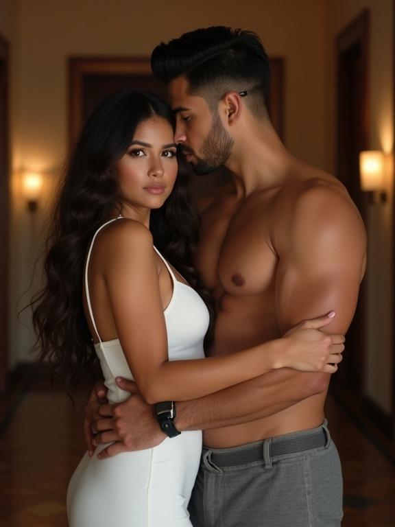 A close embrace between a couple. A woman in a tight white sleeveless dress. A man with a muscular build. Soft lighting highlights their features. The background is elegant and warm.