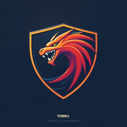 Logo design representing a tournament. Features a stylized dragon on a shield with bold colors.
