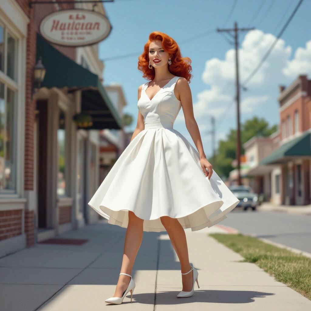 1960s beautiful woman with red volumous hair wearing a white sun dress with petticoat walking on small town sidewalk