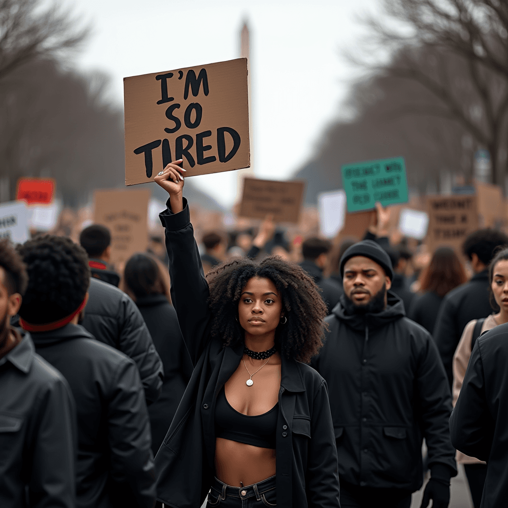 A somber protest scene with a woman holding a sign reading 'I'm So Tired'.