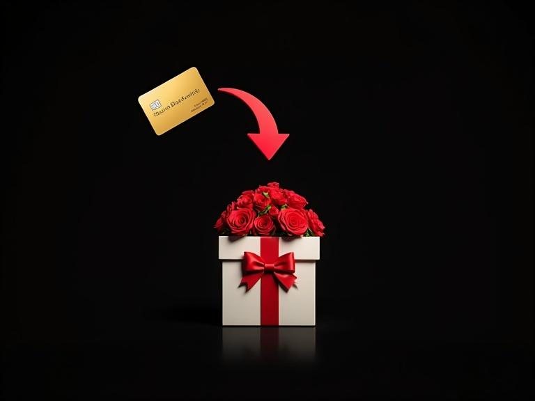 Advertising banner featuring a gift box adorned with a red bow. A bouquet of red roses inside. A red arrow points downwards towards a golden bank card. Bright colors with a pure modern style. Black background.