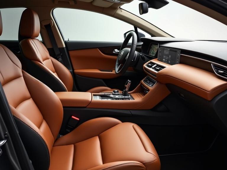 Interior view showcasing Citroen C6 with cognac Nappa leather seats. Features wood finishings and center console design inspired by CXperience Concept.